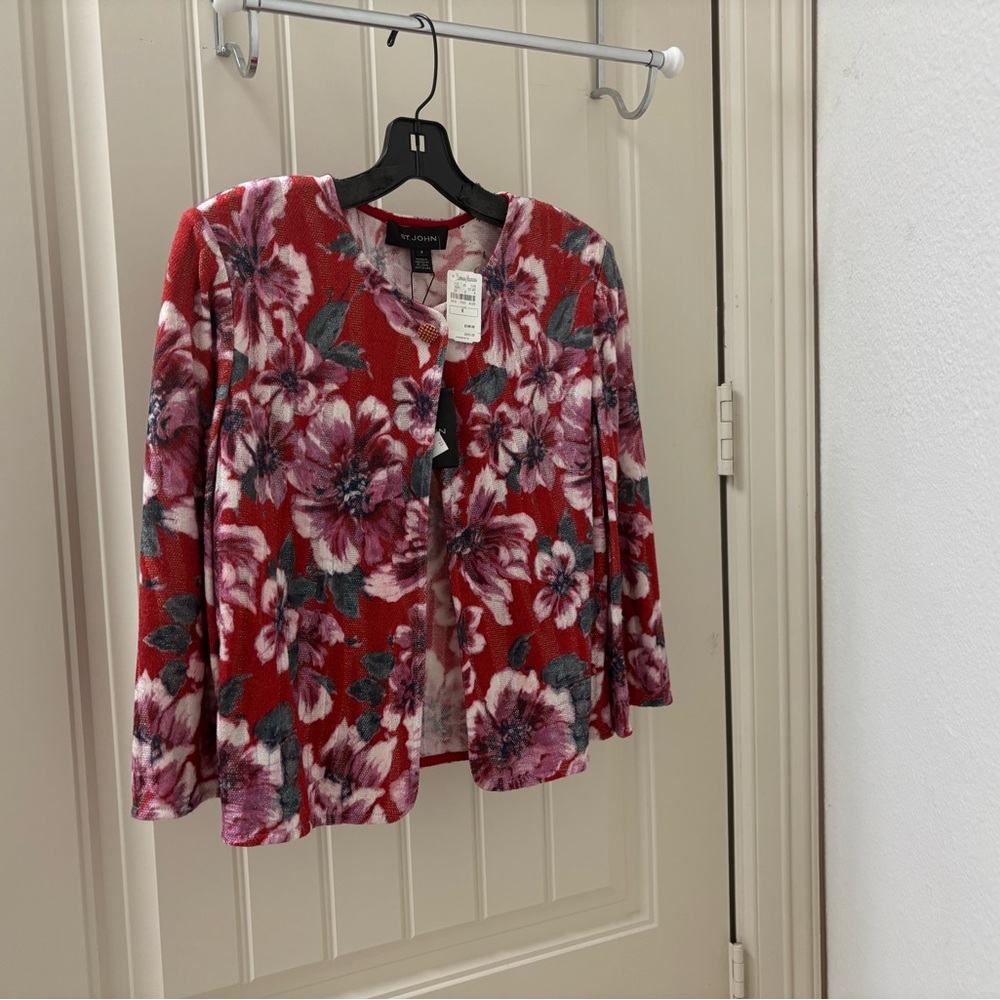 St. John Vibrant Red Floral Cardigan